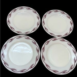 Set of 4 Corning Pyrex Ruby Scroll Maroon Hook made in USA vintage dinner plates